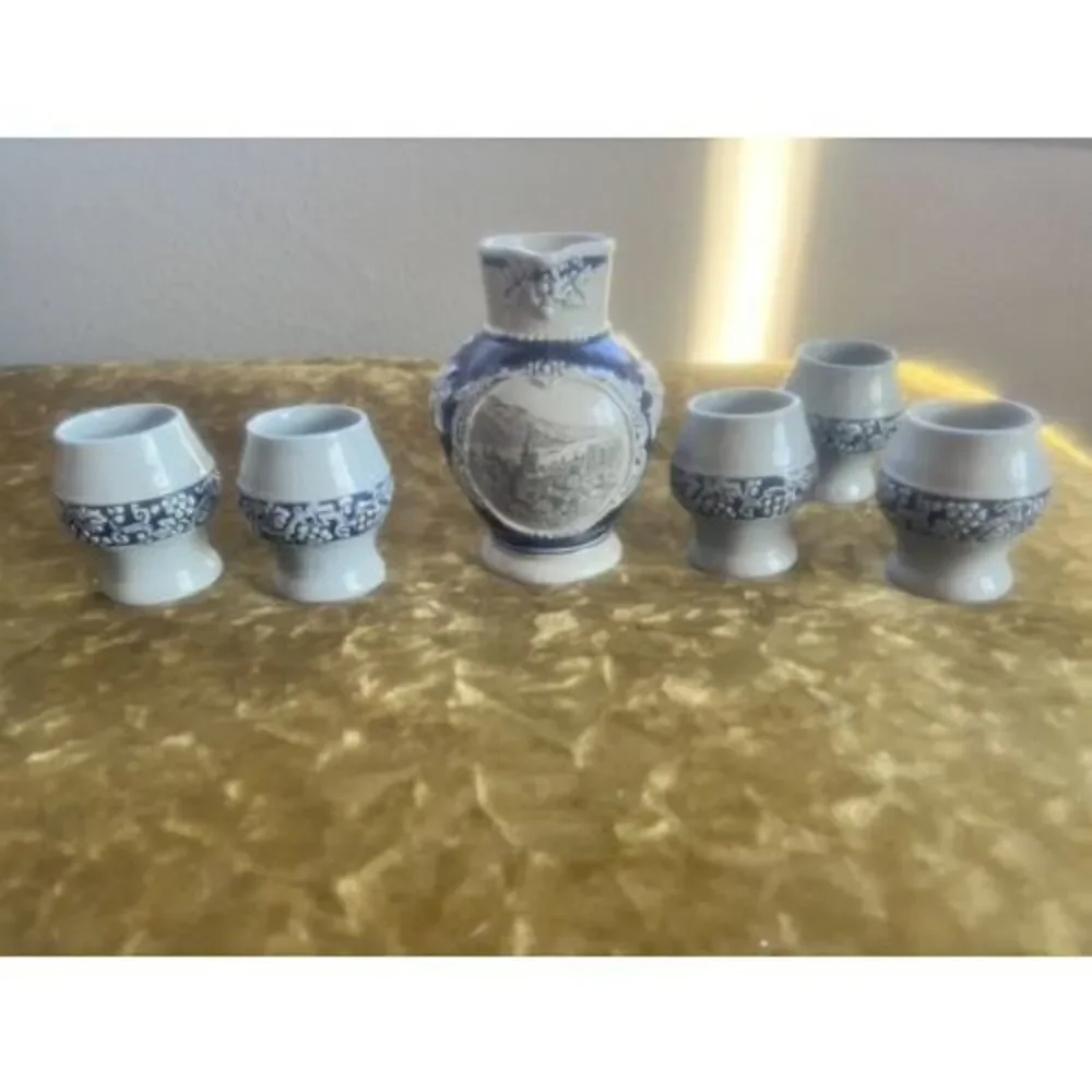 German Stoneware Pitcher Salt Glaze Cobalt Bacharach/A.Rhein With 5 Cups (7566)